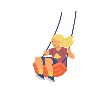 Happy girl rides swing, flat vector illustration isolated on white background.のイラスト素材