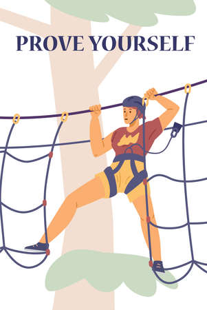 Woman in rope park with safety equipment climbing cargo net, flat vector illustration.のイラスト素材