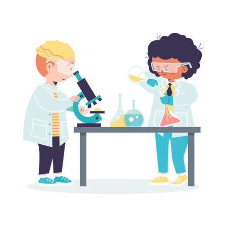 Kids chemists experimentators with microscope, flat vector illustration isolated.のイラスト素材