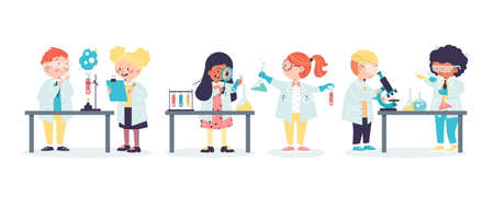Children conducting science experiments cartoon vector illustration isolated.のイラスト素材