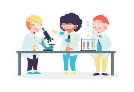 Kids little scientists biologists or chemists, flat vector illustration isolated.のイラスト素材