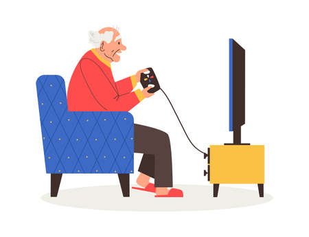 Elderly man playing games on video console, flat vector illustration isolated.のイラスト素材