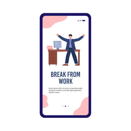 Man during sport break at the office, mobile app template - flat vector illustration.のイラスト素材