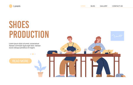 Cobbler manufacturing shoes at footwear factory, landing page template - flat vector illustration.のイラスト素材
