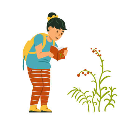 Girl, wearing striped leggings and a backpack, explore wild flowers outside. Girl checking info on her scout handbookのイラスト素材