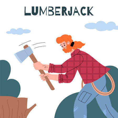 Lumberjack and woodcutter working with wood in forest, flat vector illustration.のイラスト素材