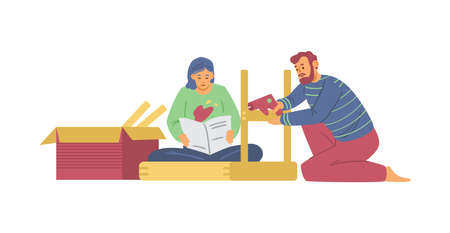 Family assembling furniture by themselves, flat vector illustration isolated.のイラスト素材
