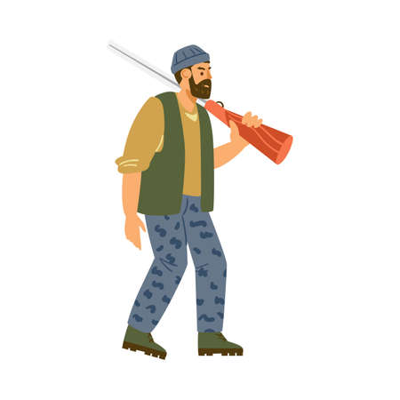 Hunter or poacher male character with rifle flat vector illustration isolated.のイラスト素材