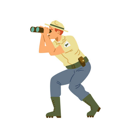 Park or nature reserve ranger with binoculars flat vector illustration isolated.のイラスト素材