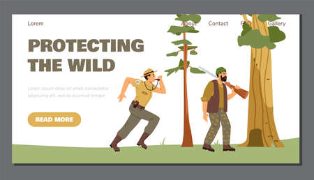 Protecting the wild web page for reserve rangers, flat vector illustration.のイラスト素材