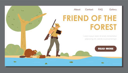 Ranger and keeper of park and forest services website, flat vector illustration.のイラスト素材