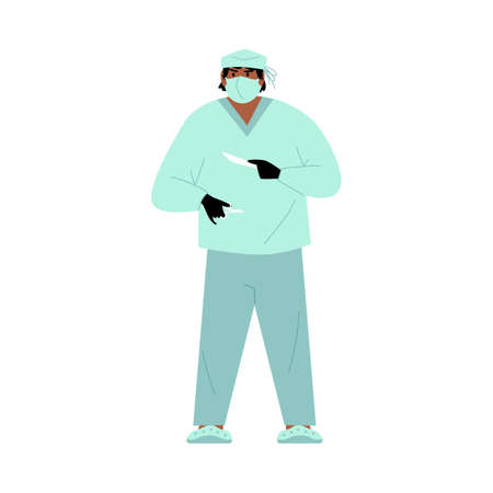 Surgeon doctor in uniform, mask, latex gloves with scalpel ready to workのイラスト素材