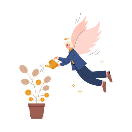 Angel businessman flying watering money tree, flat vector illustration isolated.のイラスト素材