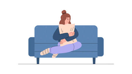 Lonely upset woman sitting on couch at home, flat vector illustration isolated.のイラスト素材