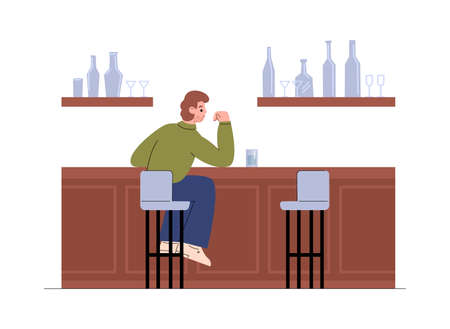 Lonely sad man drinking alone in pub, flat vector illustration isolated.のイラスト素材