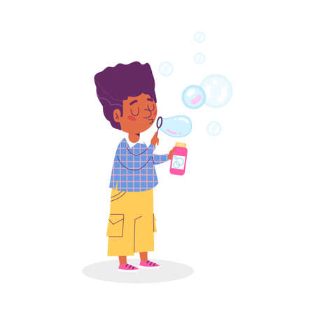 Cute little boy blowing soap bubbles flat vector illustration isolated on white.のイラスト素材