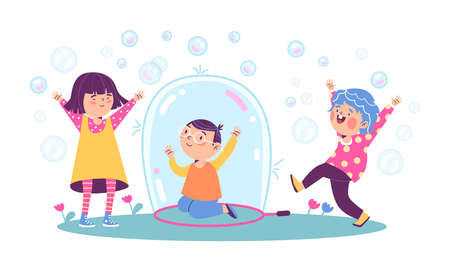 Cute children playing outdoor with soap bubbles, flat vector illustration isolated on white background.のイラスト素材