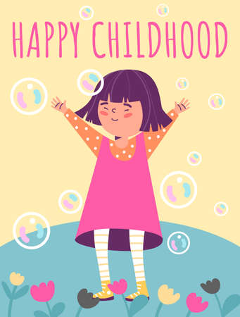 Cute girl plays and catches soap bubbles, cartoon poster vector illustration.のイラスト素材