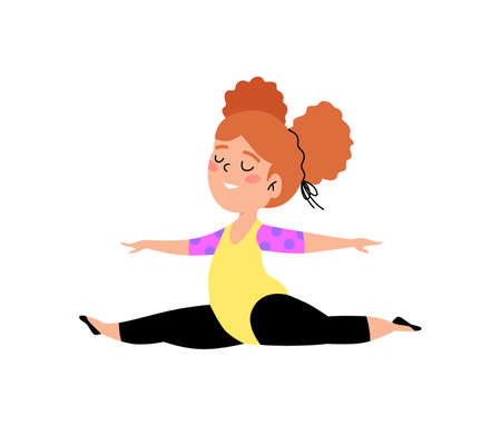 Gymnast cute girl does front leg split, flat vector illustration isolated on white background.のイラスト素材