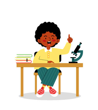 Child boy comes to an idea at the desk at school, flat vector illustration isolated on white background.のイラスト素材