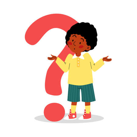 Child shrugging shoulders next to question mark, vector illustration isolated.のイラスト素材
