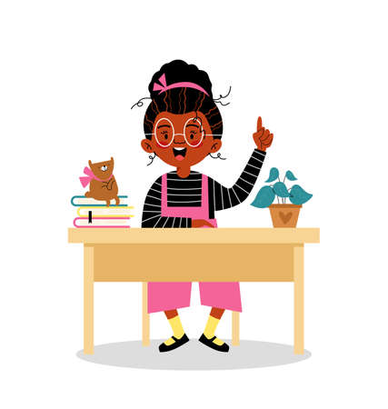 School girl studying at desk, cartoon flat vector illustration isolated.のイラスト素材