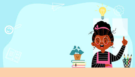 Banner with clever smart child having answer and idea, flat vector illustration.のイラスト素材