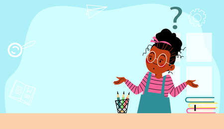 Banner with pensive thoughtful girl and question mark, flat vector illustration.のイラスト素材