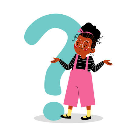 Confused child girl near question mark, flat vector illustration isolated.のイラスト素材
