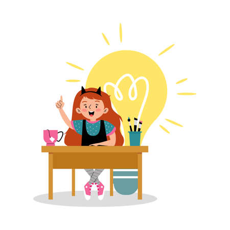 Little smart girl inspired by idea, flat vector illustration isolated on white.のイラスト素材