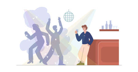 Lonely and sad man drinks alcohol at the party, flat vector illustration isolated on white background.のイラスト素材