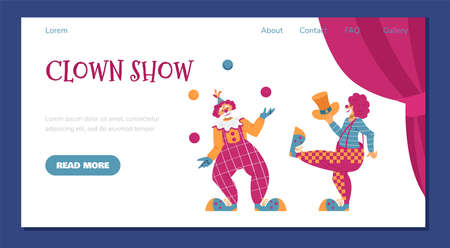 Clown show advertising web banner with jester juggling, cartoon flat vector illustration.のイラスト素材