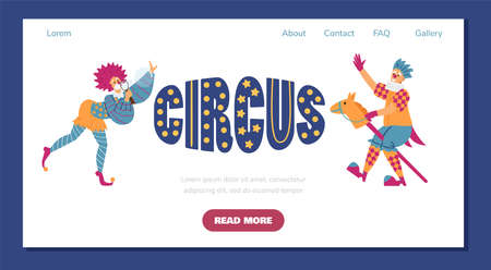 Funny clowns on hobby horse blowing up soap bubbles, landing page template flat vector illustration.のイラスト素材