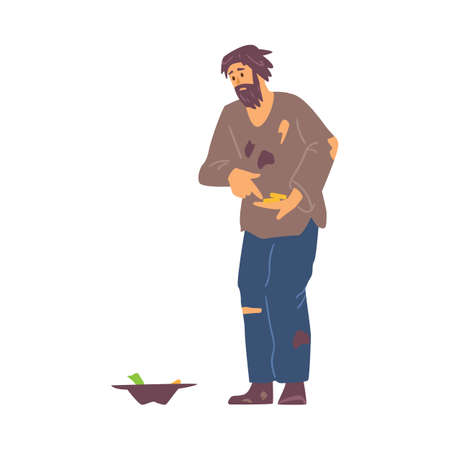 Homeless and jobless beggar male character, flat vector illustration isolated.のイラスト素材