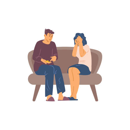 Poor couple upset by lack of money flat cartoon vector illustration isolated.のイラスト素材