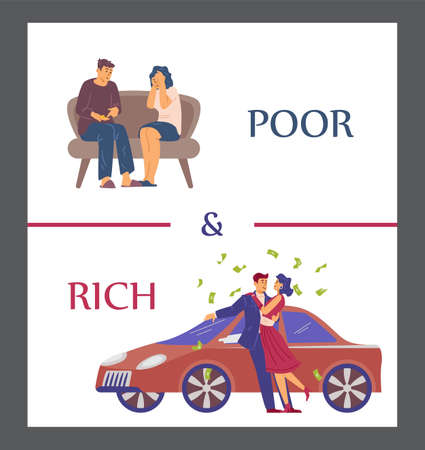 Poor and rich people social dividends and gap banner, flat vector illustration.のイラスト素材