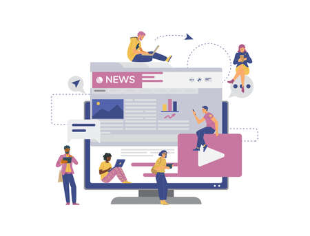 Online news media banner with people check news, vector illustration isolated.のイラスト素材
