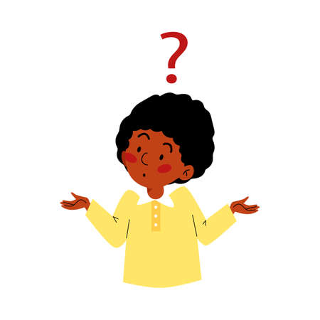 African american child confused with question, flat vector illustration isolated.のイラスト素材