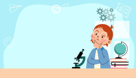 Banner with pensive child makes researches with microscope, vector illustration.のイラスト素材