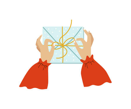 Female hands preparing wrapping box with holiday gift for mailing on post.のイラスト素材