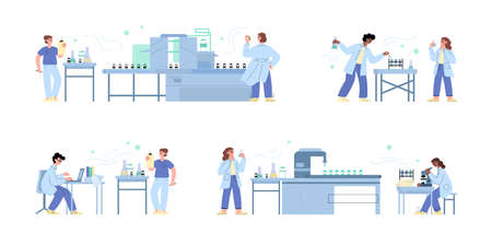 Set of scientists, lab assistants producing coronavirus vaccine in flat vectorのイラスト素材