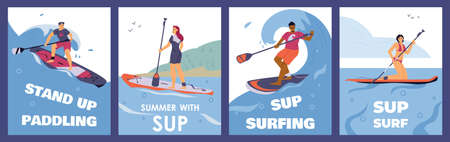 Set of vector posters with young sport people stand on paddle boards in waves.のイラスト素材
