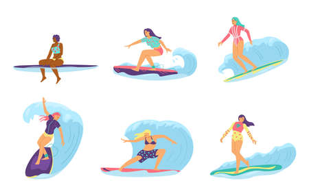 Surfing water sport female characters set, flat vector illustration isolated.のイラスト素材