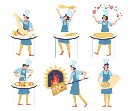 Set of steps cooking pizza on cuisine of restaurant, bakery, pizzeria or cafe.のイラスト素材