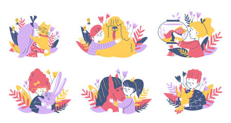 Set of children hugging their pets, flat cartoon vector illustration isolated.のイラスト素材