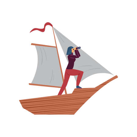 Visionary business woman on ship looks into distance through binoculars in flatのイラスト素材