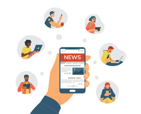 People read news online on phones, tablets, laptops or computers in flat vectorのイラスト素材