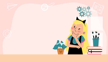 Cute school girl with hands on chin thinking at desk with books, flat vector banner illustration.のイラスト素材