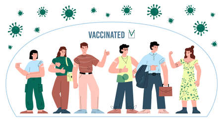 Vaccinated against Covid-19 people on website page, flat vector illustration.のイラスト素材