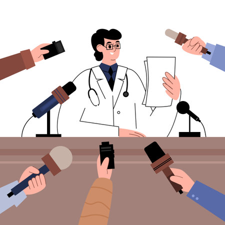Press conference with doctor on medicine theme, flat vector illustration.のイラスト素材
